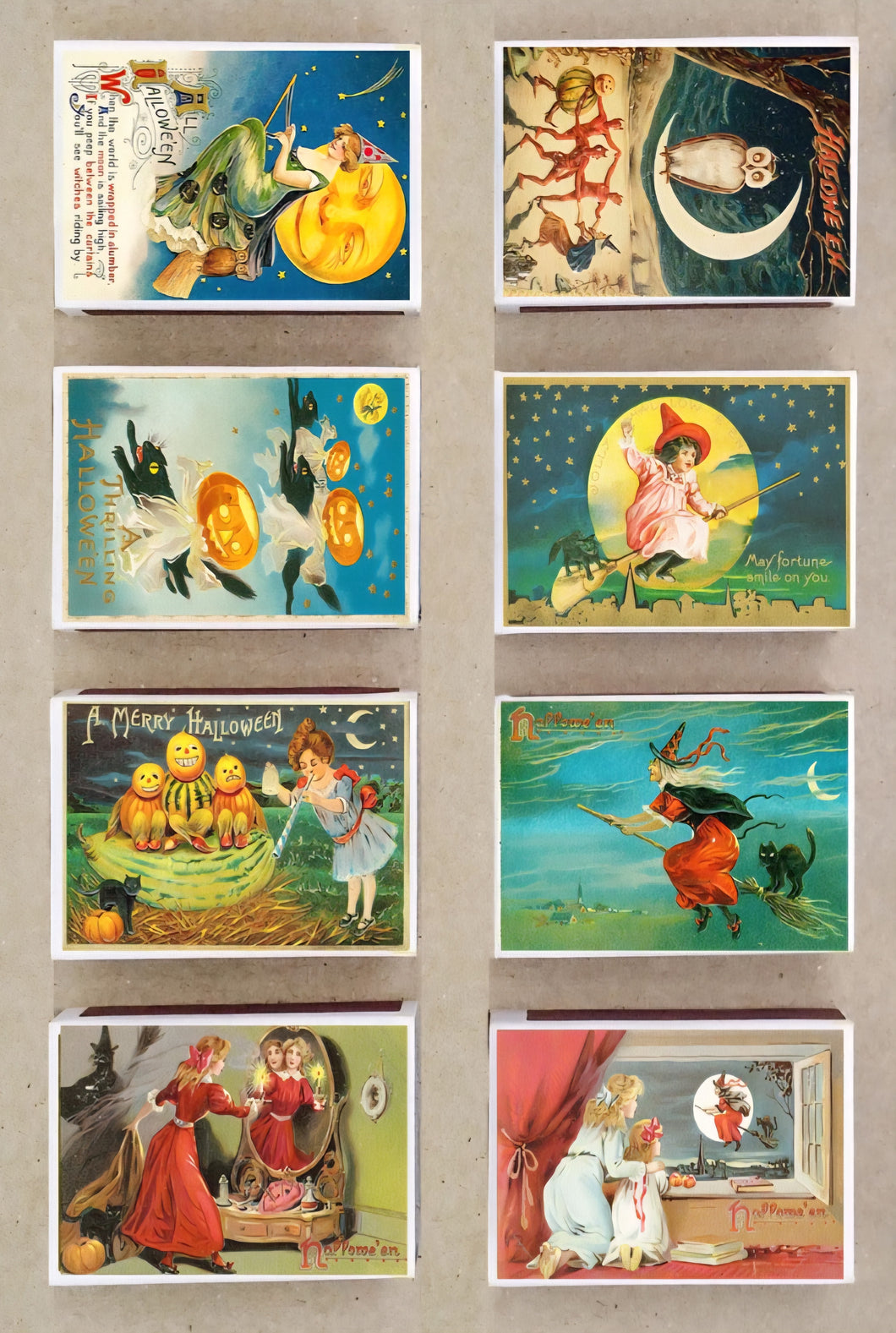 Whimsical matchboxes with wooden matches